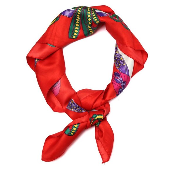 Vintage SKS Ribbon Print Satin Scarf Neck Hair Scarf 1980 Red Blue White Yellow - Picture 2 of 7